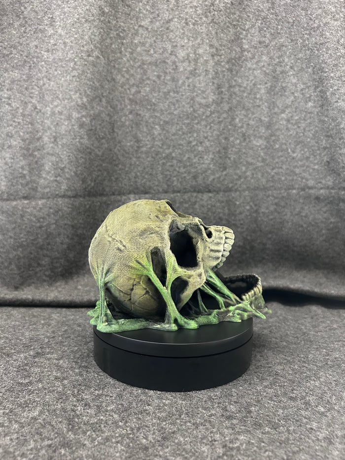 Hand-painted skull dice tower finished in weathered bone and verdigris green, on a black display base.