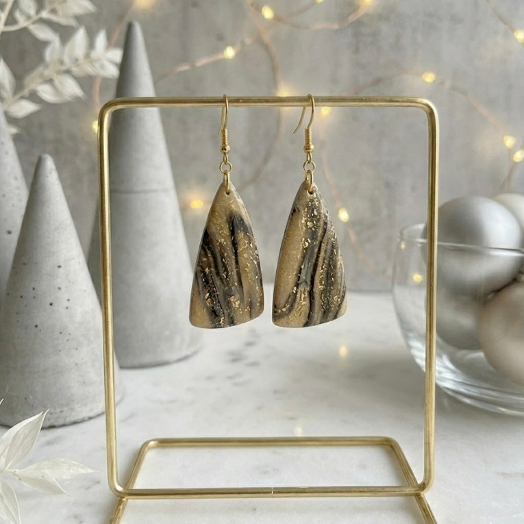 Gilded Noir Marble – Black, Gold & Sand Triangular Earring ✨