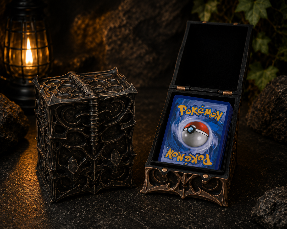 Black and bronze gothic deck box with pierced cathedral tracery, shown closed beside a second one open with a stack of trading cards inside.
