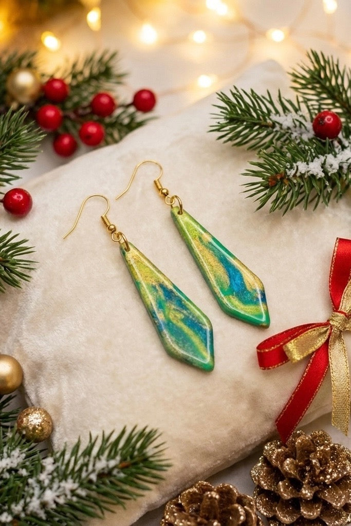 Emerald Stream — Green & Gold Hexagon Clay Earrings