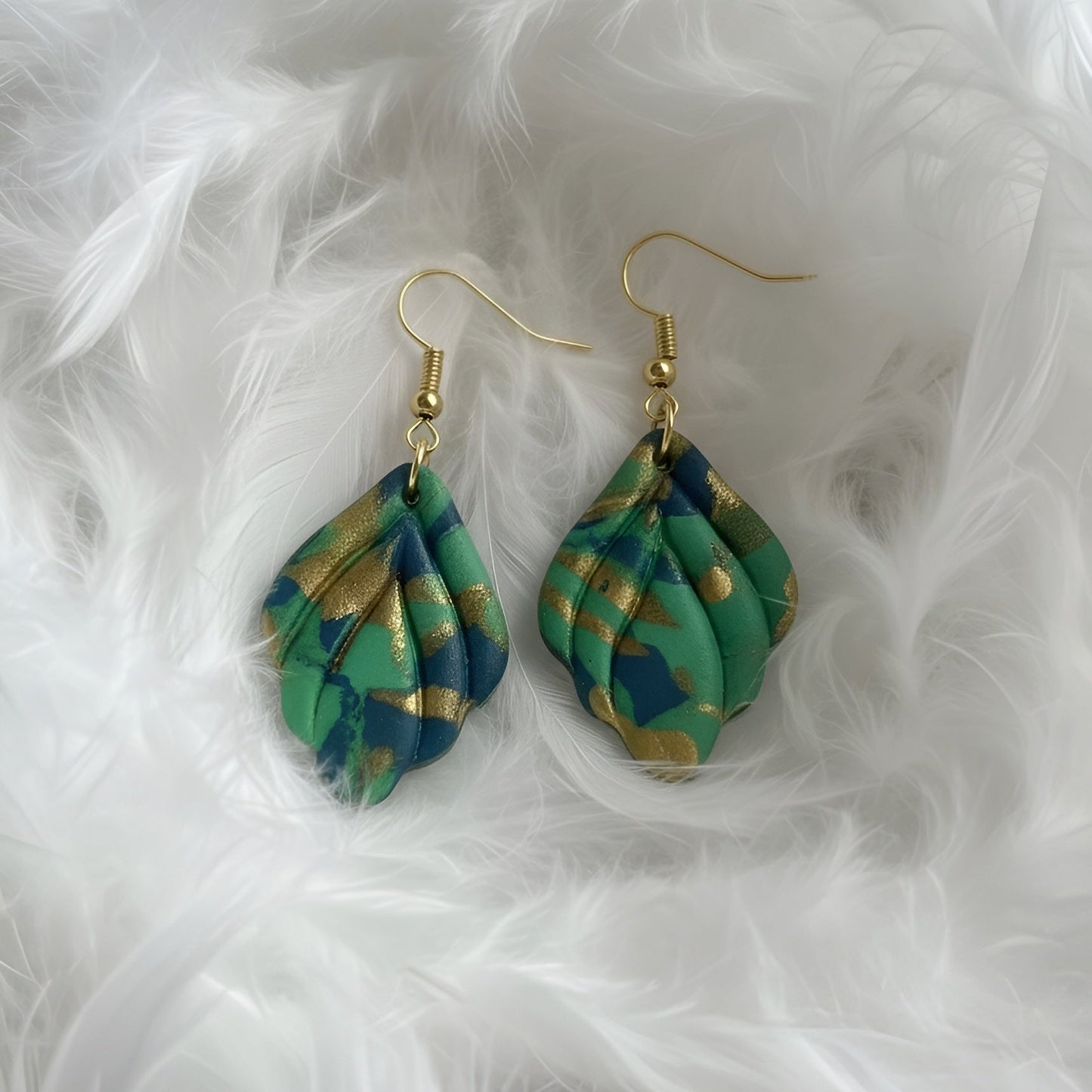 Enchanted Forest Swirl – Green Leaf Clay Earring 🌿