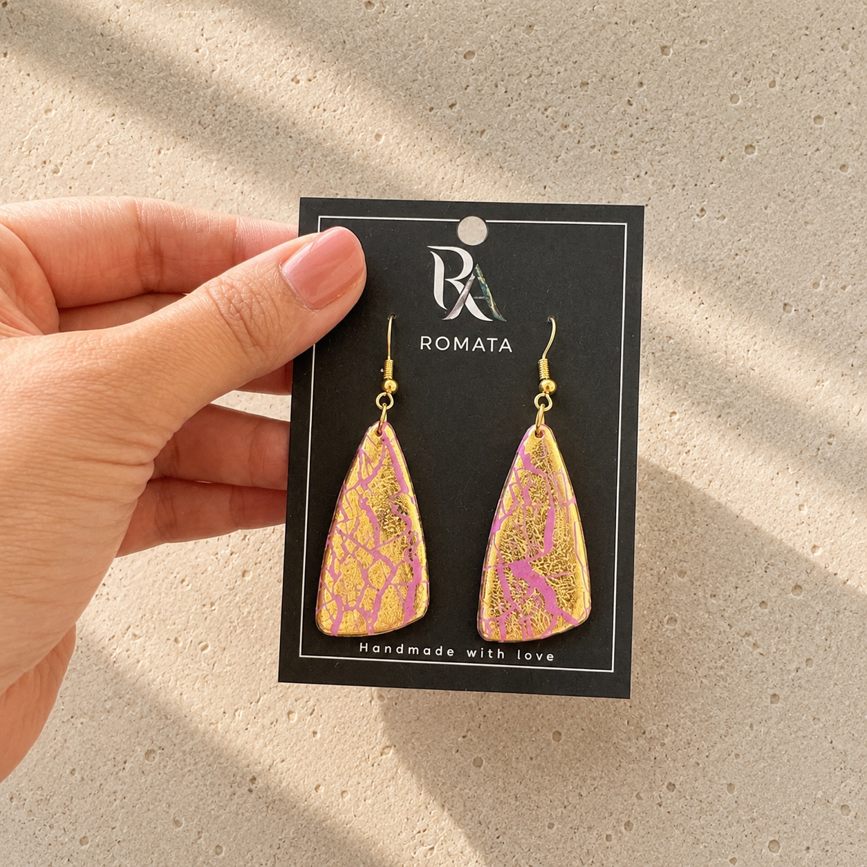Golden Bloom — Pink & Gold Leaf Clay Earrings