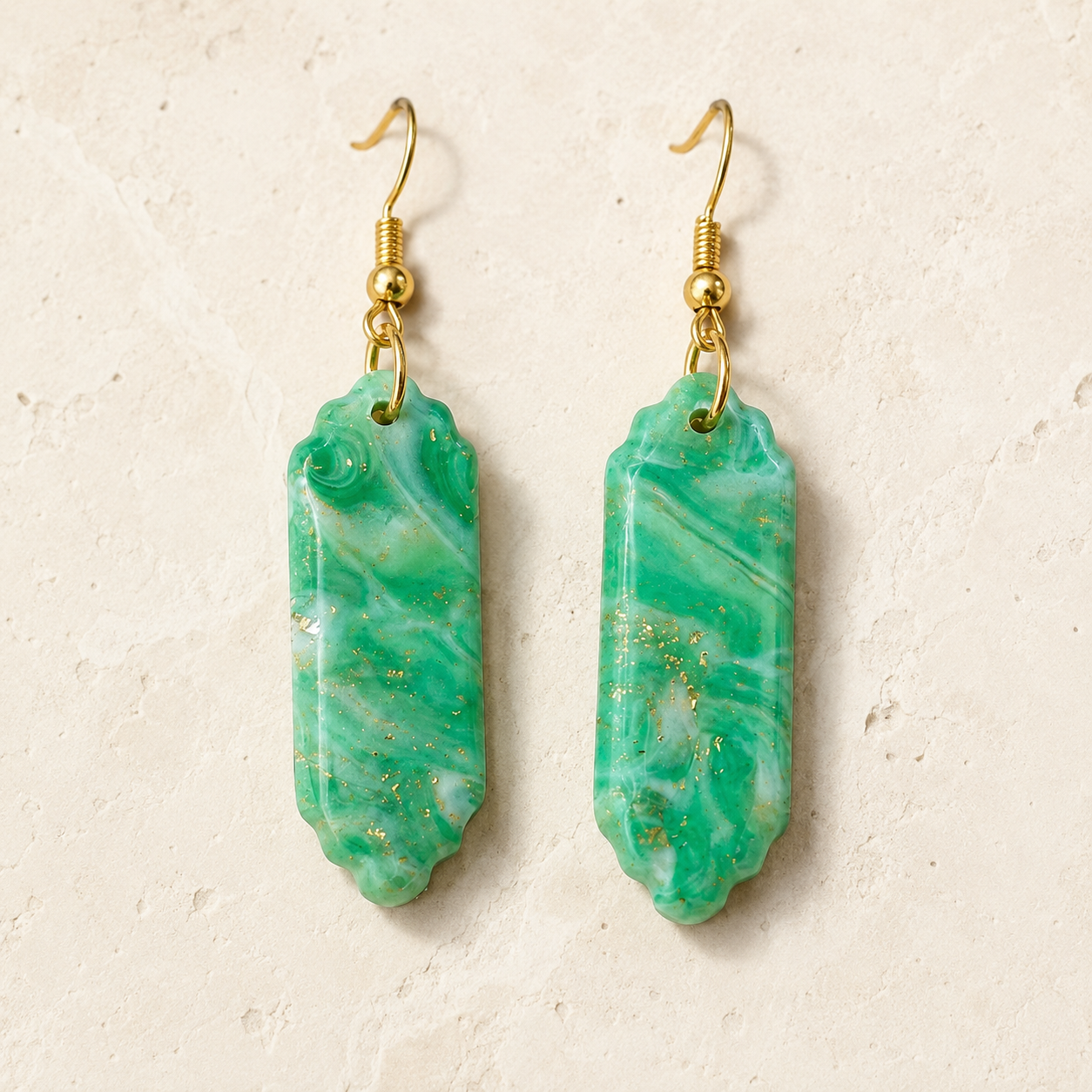 Green Polymer Clay Earrings, Lightweight Statement Dangle Earrings, Gold Leaf Jewelry, Handmade Modern Earrings, Gift for Her
