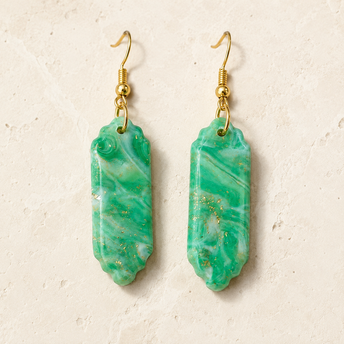 Green Polymer Clay Earrings, Lightweight Statement Dangle Earrings, Gold Leaf Jewelry, Handmade Modern Earrings, Gift for Her