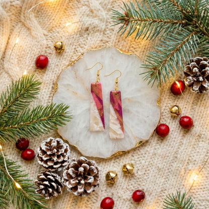 Gilded Cranberry Frost – Cranberry & Gold Marble Bar Earring ✨