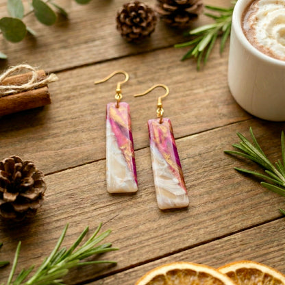 Gilded Cranberry Frost – Cranberry & Gold Marble Bar Earring ✨