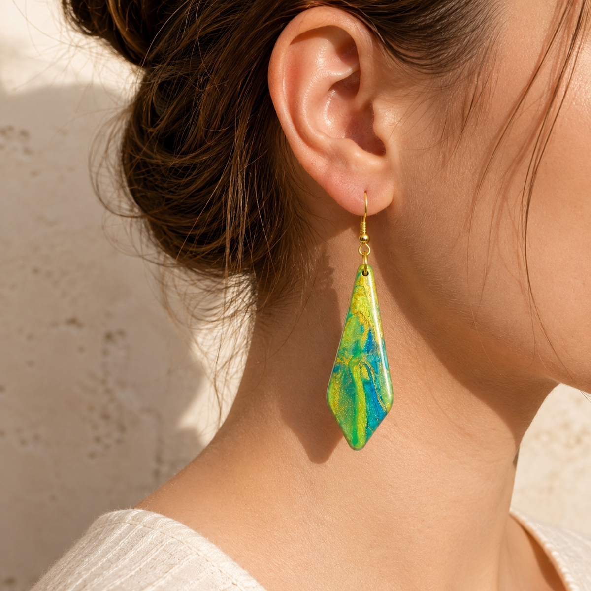 Emerald Stream — Green & Gold Hexagon Clay Earrings