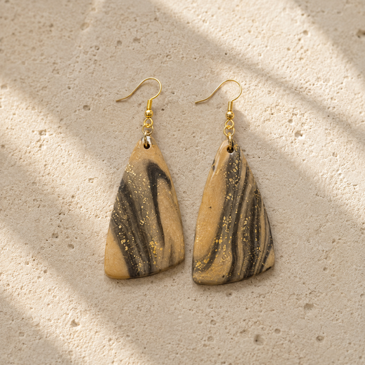Gilded Noir Marble — Black, Gold & Sand Triangle Earrings