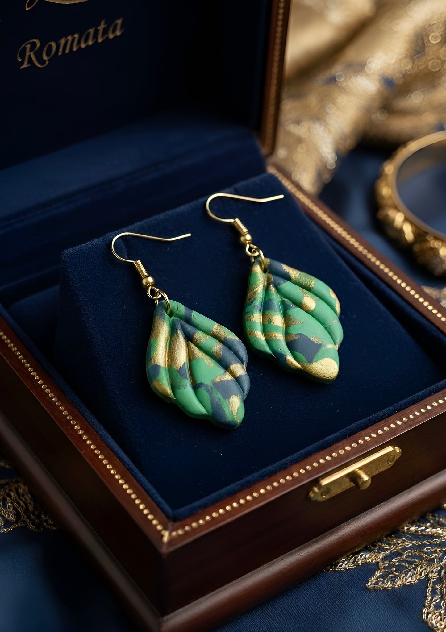 Enchanted Forest Swirl – Green Leaf Clay Earring 🌿