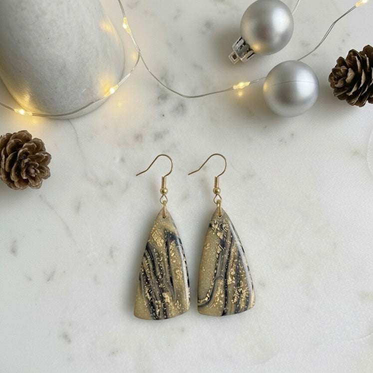Gilded Noir Marble – Black, Gold & Sand Triangular Earring ✨