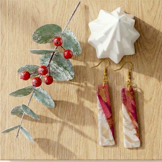 Gilded Cranberry Frost – Cranberry & Gold Marble Bar Earring ✨