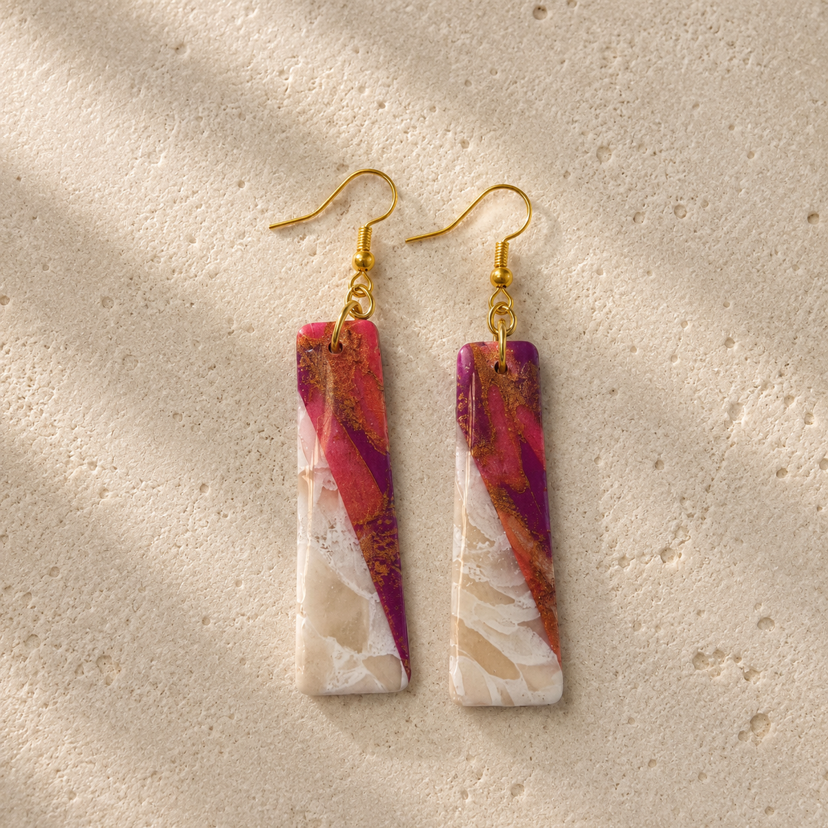 Gilded Cranberry Frost — Cranberry & Gold Marble Bar Earrings