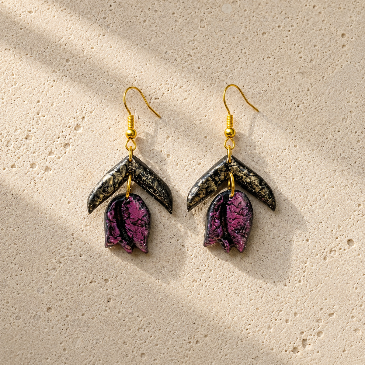 Handcrafted Black & Berry Purple Polymer Clay Drop Earrings | Botanical Statement Earrings | Unique Handmade Jewelry