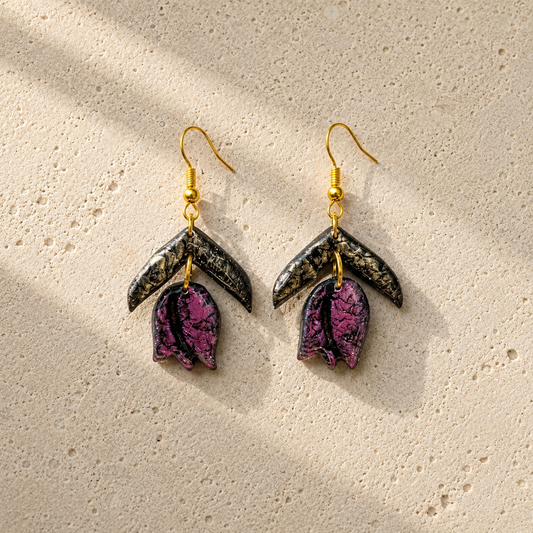 Handcrafted Black & Berry Purple Polymer Clay Drop Earrings | Botanical Statement Earrings | Unique Handmade Jewelry