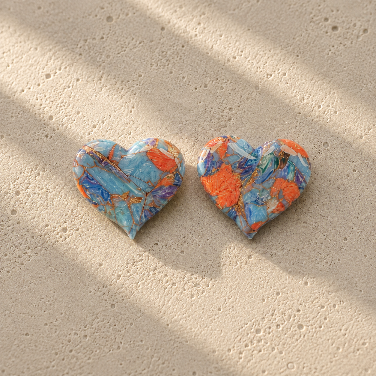 Heartfelt Bloom — Blue & Coral Heart Clay Earrings