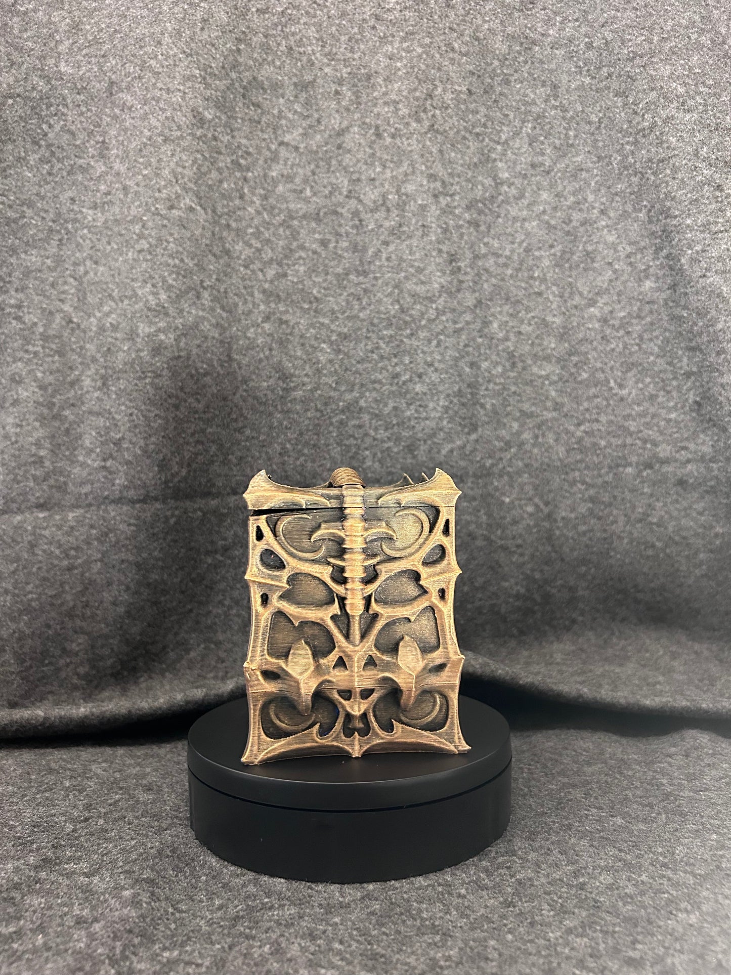 Top view of the Blackthorn Reliquary showing the printed hinge and the spined ridge along the lid.