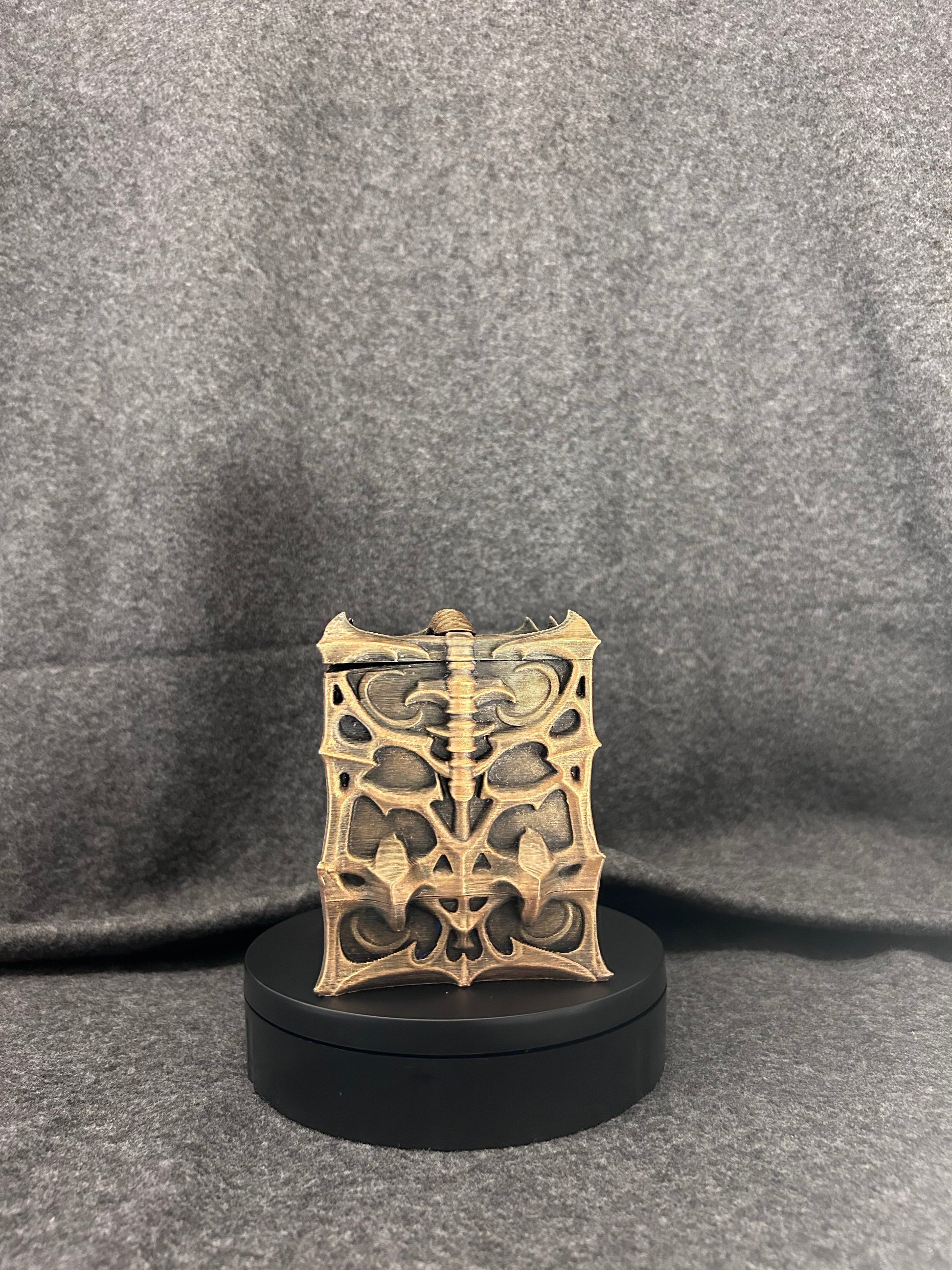 Top view of the Blackthorn Reliquary showing the printed hinge and the spined ridge along the lid.