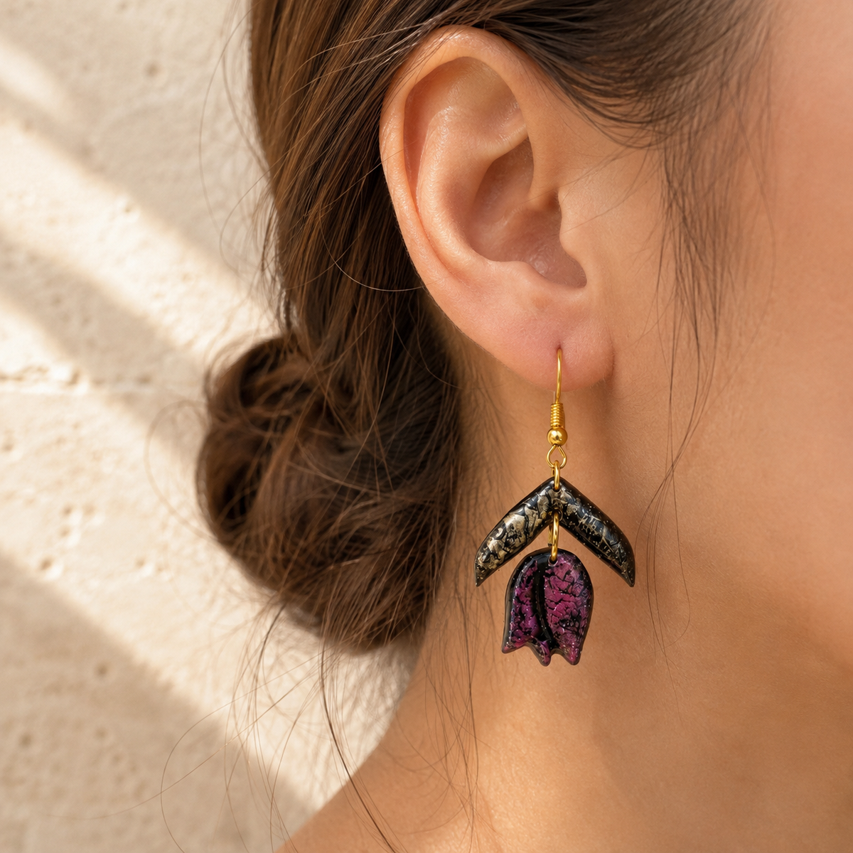 Handcrafted Black & Berry Purple Polymer Clay Drop Earrings | Botanical Statement Earrings | Unique Handmade Jewelry