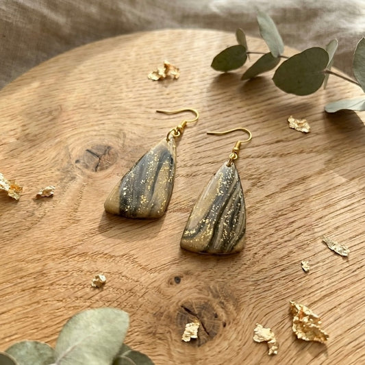 Gilded Noir Marble – Black, Gold & Sand Triangular Earring ✨
