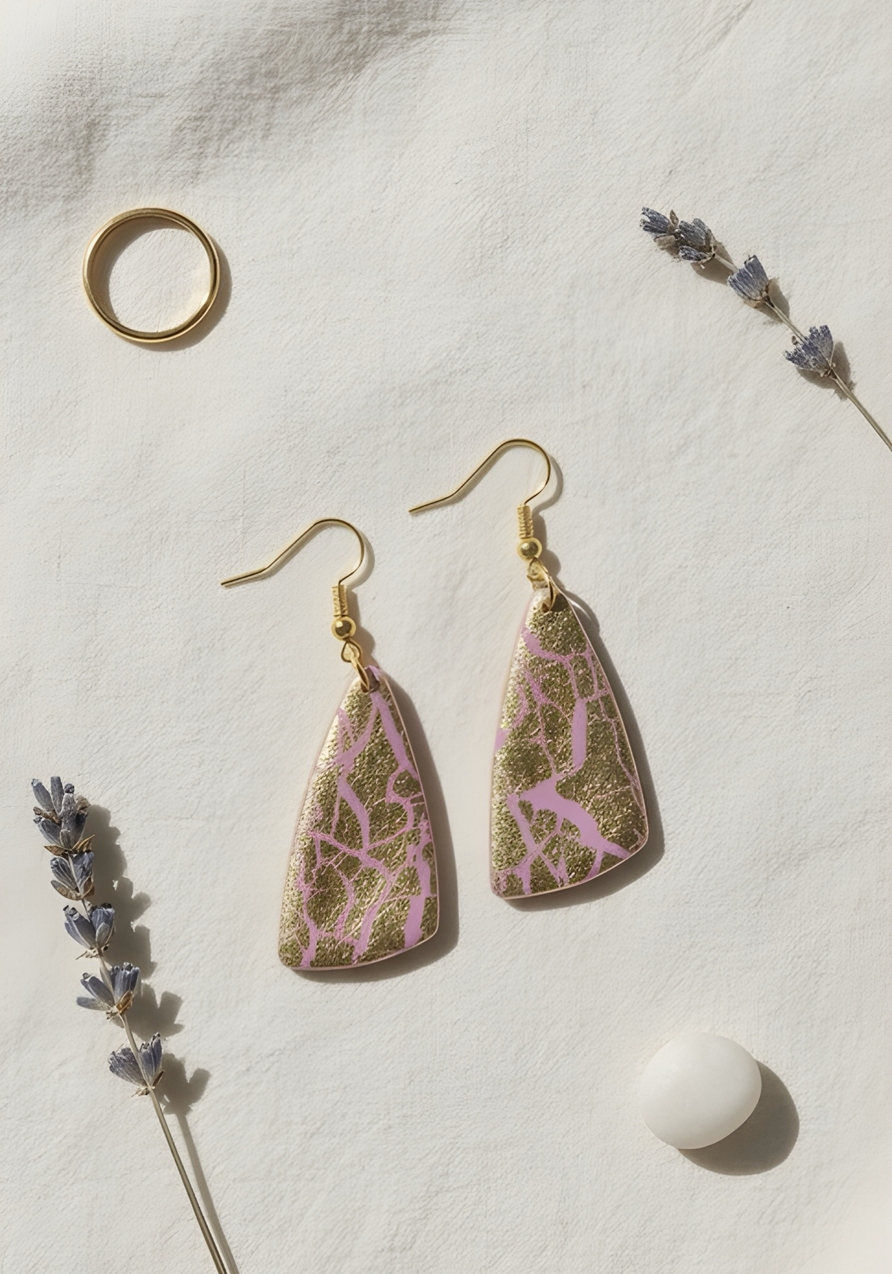 Golden Bloom – Pink & Gold Leaf Polymer Earring 🌸