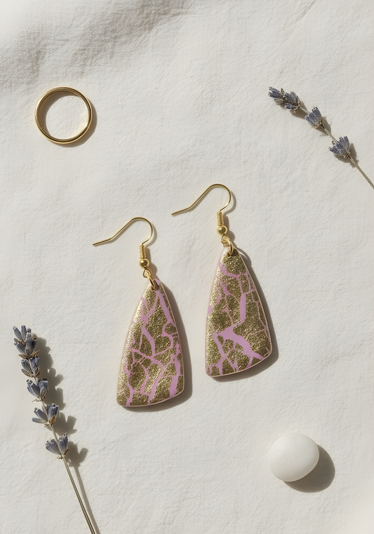 Golden Bloom – Pink & Gold Leaf Polymer Earring 🌸