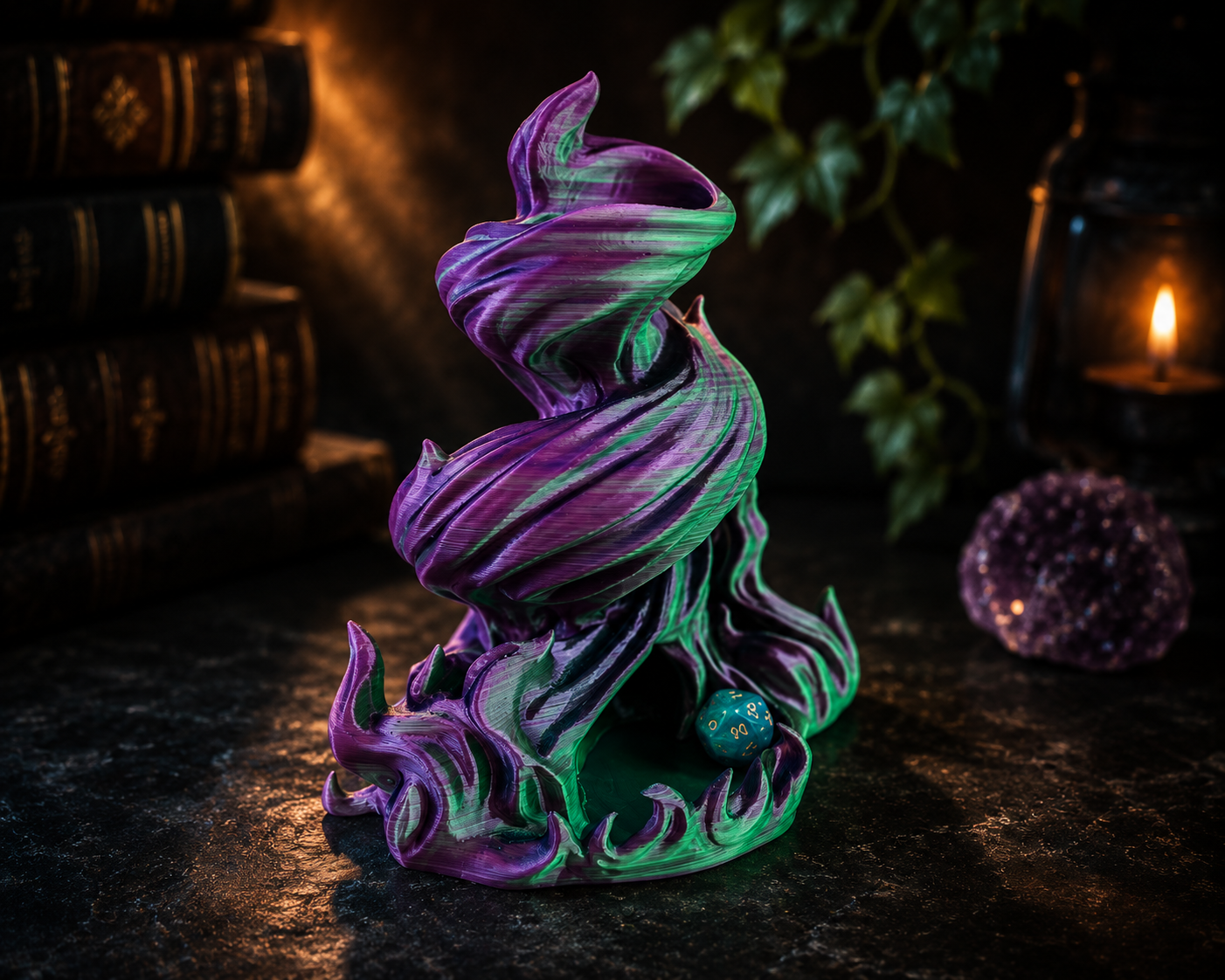 Twisting spiral dice tower printed in shifting violet and emerald, with a flame-shaped catch tray at the base holding a d20.