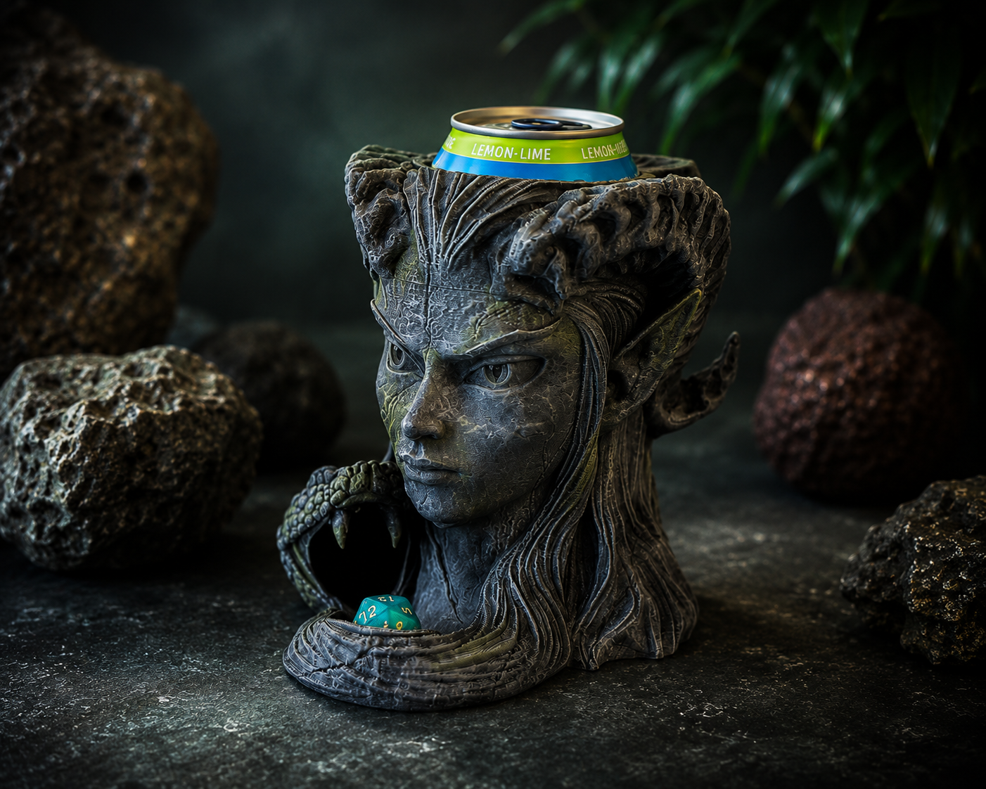 Horned stone gorgon bust can holder with a chilled can held between her horns and a serpent's open jaws at the base holding a d20.
