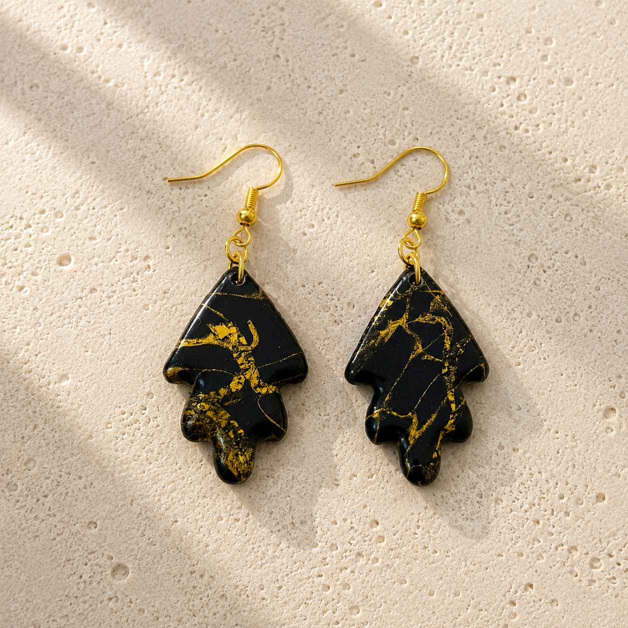 Handcrafted Black & Gold Polymer Clay Drop Earrings | Sculptural Marbled Statement Earrings | Handmade Swedish Jewelry