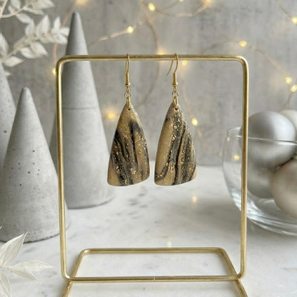 Gilded Noir Marble – Black, Gold & Sand Triangular Earring ✨
