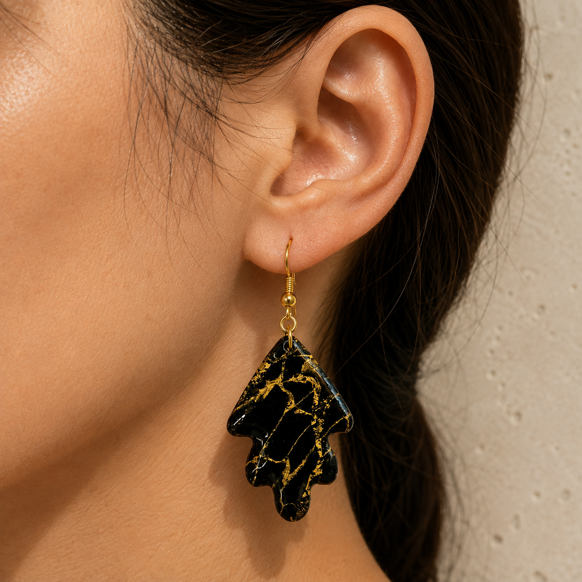 Handcrafted Black & Gold Polymer Clay Drop Earrings | Sculptural Marbled Statement Earrings | Handmade Swedish Jewelry