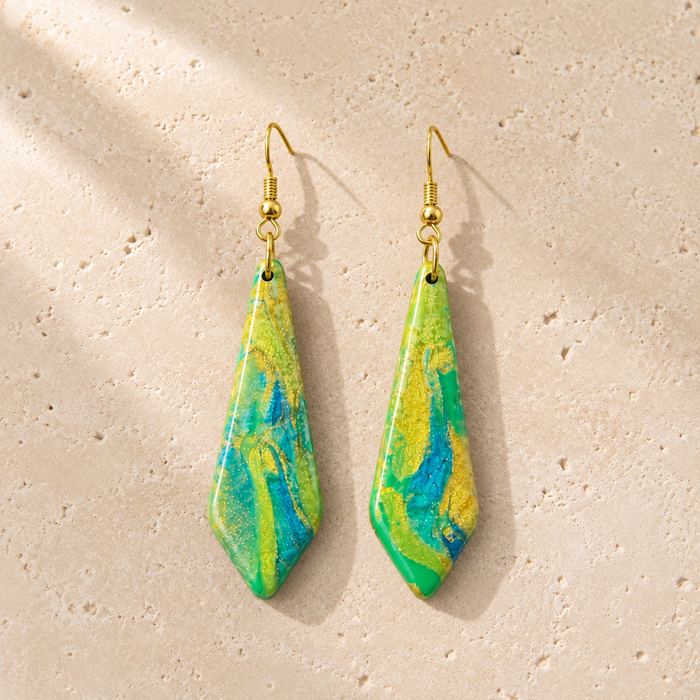 Emerald Stream — Green & Gold Hexagon Clay Earrings