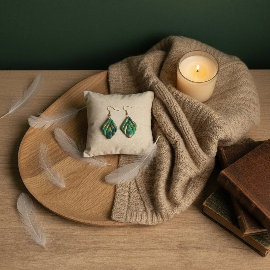 Enchanted Forest Swirl – Green Leaf Clay Earring 🌿