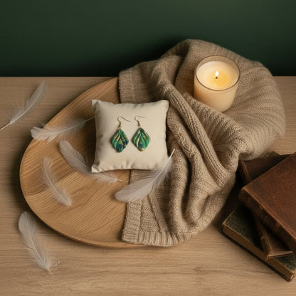 Enchanted Forest Swirl – Green Leaf Clay Earring 🌿