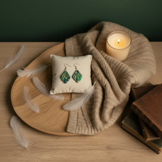 Enchanted Forest Swirl – Green Leaf Clay Earring 🌿