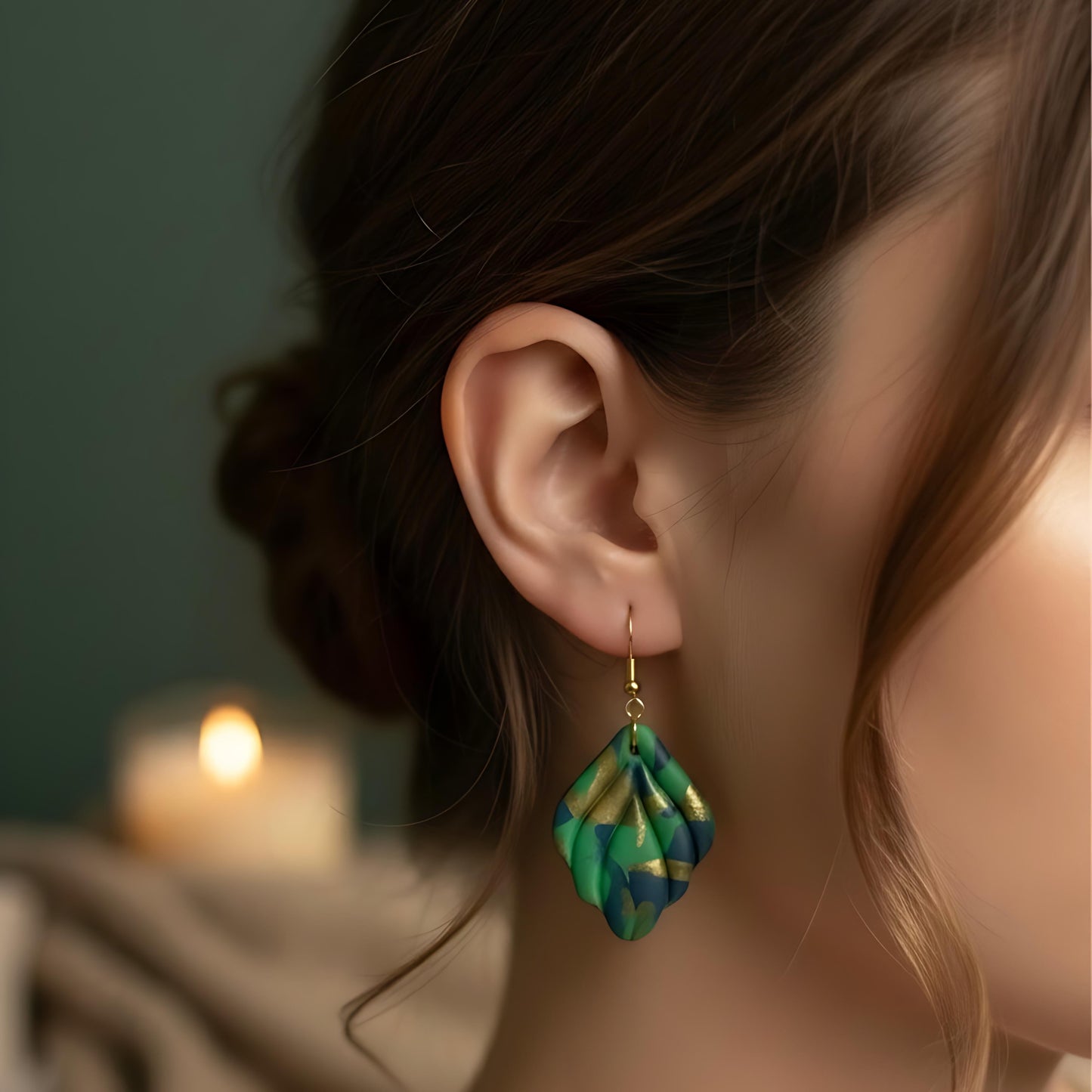 Enchanted Forest Swirl – Green Leaf Clay Earring 🌿