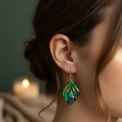 Enchanted Forest Swirl – Green Leaf Clay Earring 🌿