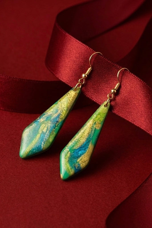 Emerald Stream – Green & Gold Hexagonal Clay Earring 💎