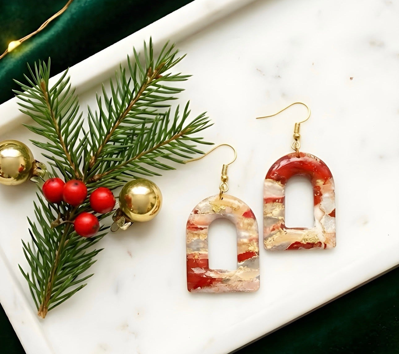 Cranberry Gold Festive Arch Clay Earring