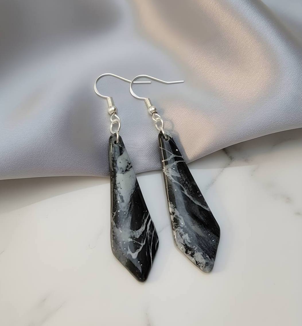 Cosmic Marble – Black & White Swirl Clay Earring 🌌