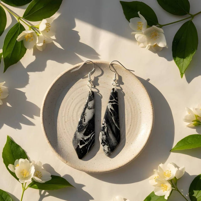 Cosmic Marble — Black & White Swirl Clay Earrings