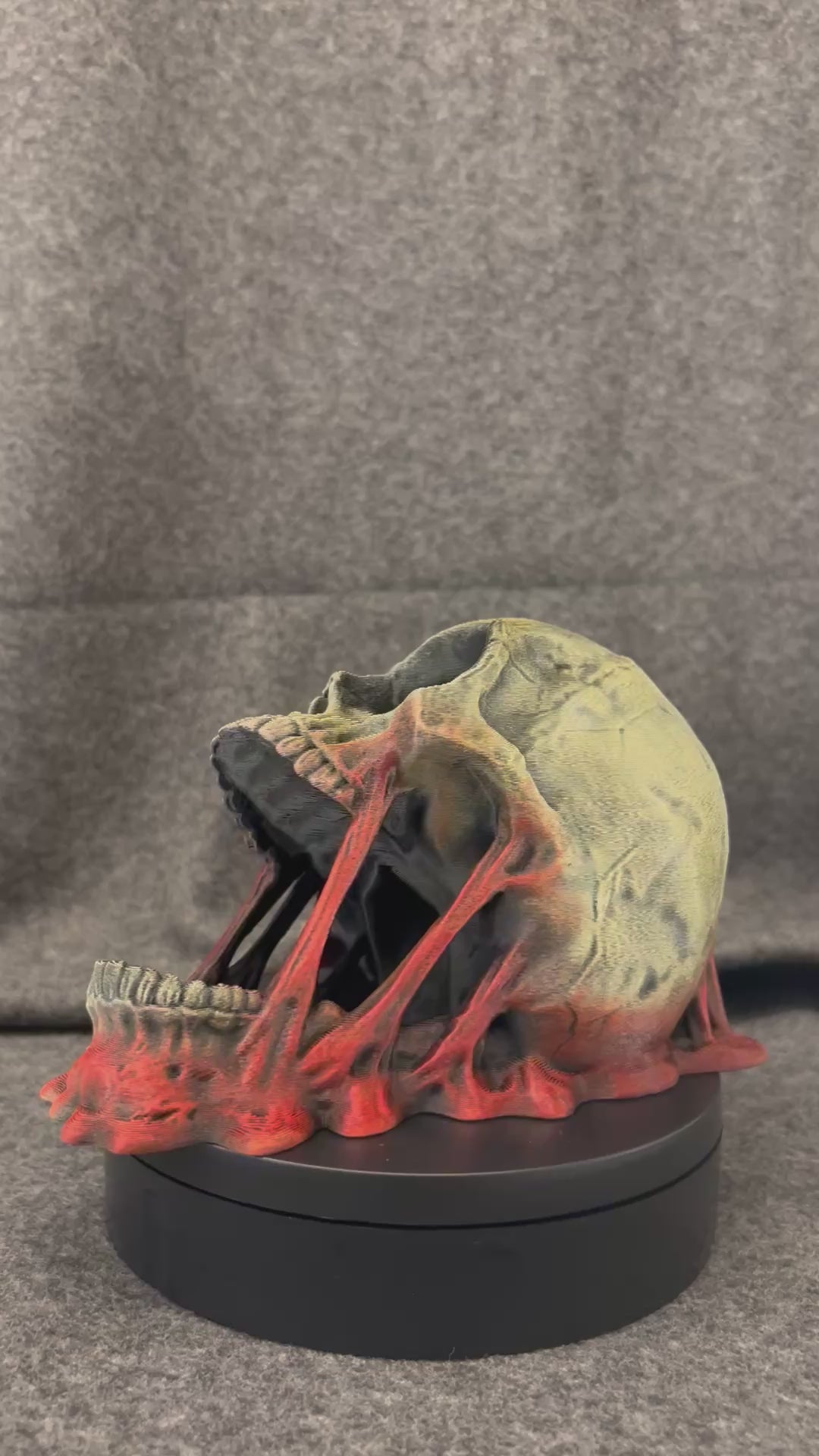 The Hollow Crown skull dice tower turning on a display stand, showing the painted bone and moss finish.